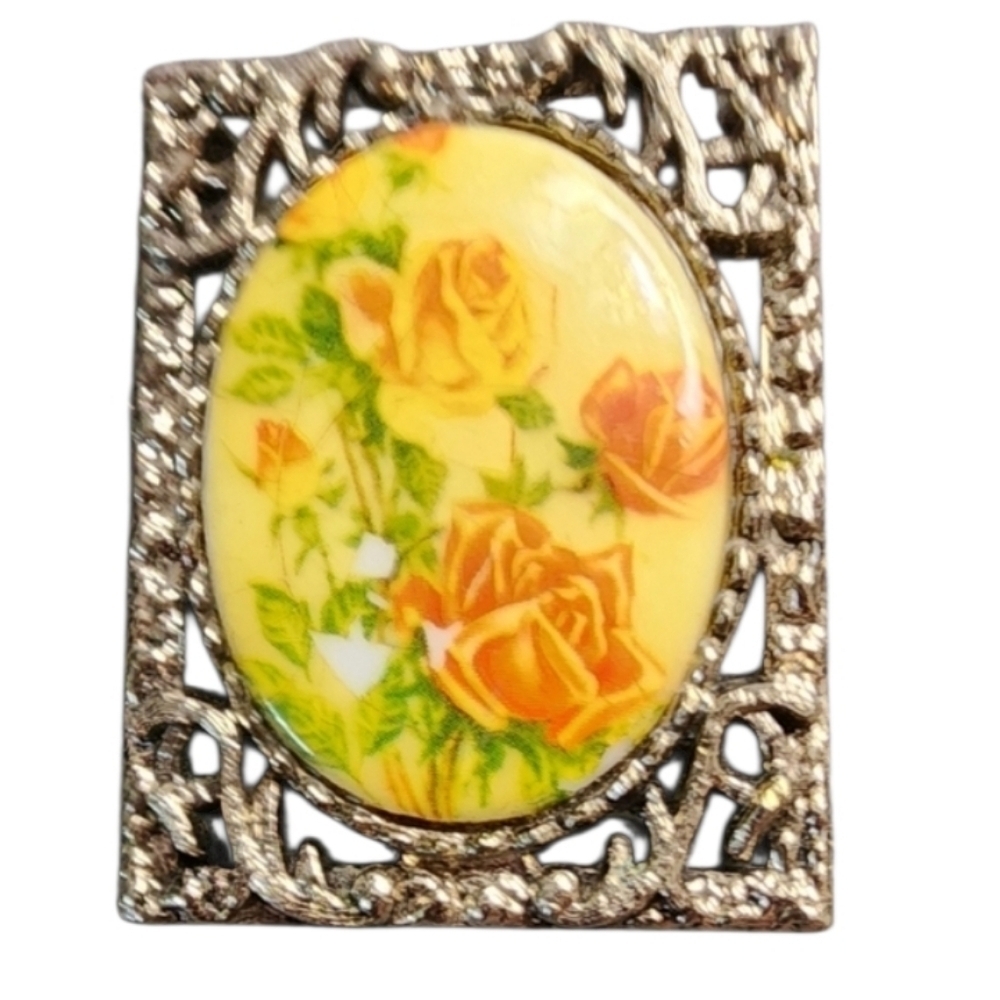 Vintage Floral Brooch Yellow Orange Roses Silver Tone